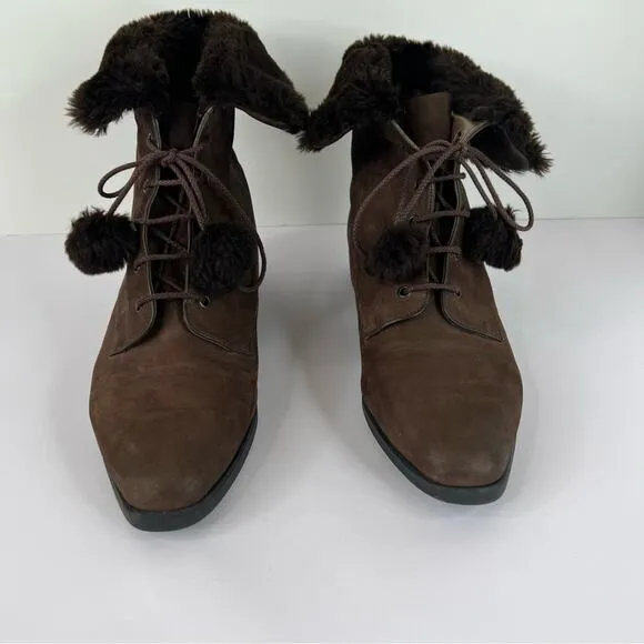 Bally brown suede leather fold over shearling lace up pom ankle boots size 7.5