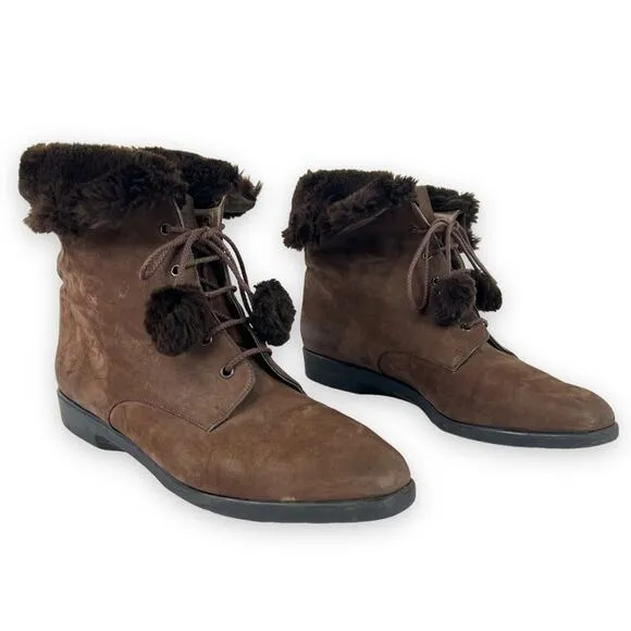 Bally brown suede leather fold over shearling lace up pom ankle boots size 7.5