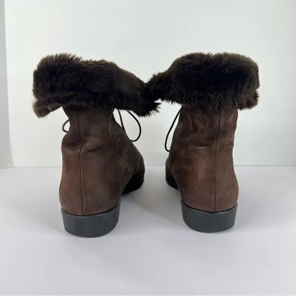 Bally brown suede leather fold over shearling lace up pom ankle boots size 7.5