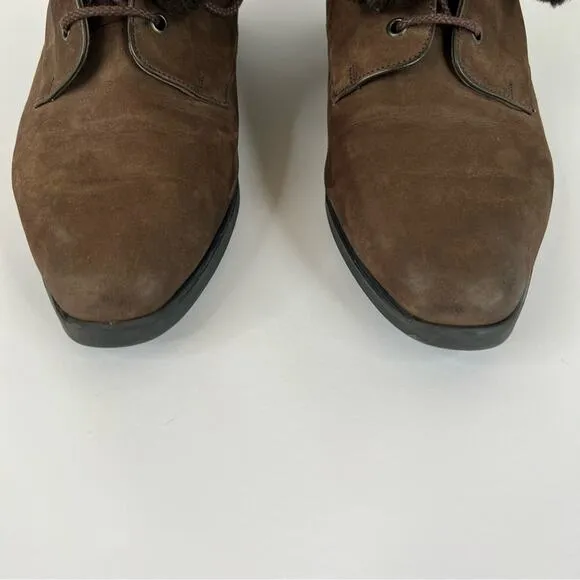 Bally brown suede leather fold over shearling lace up pom ankle boots size 7.5