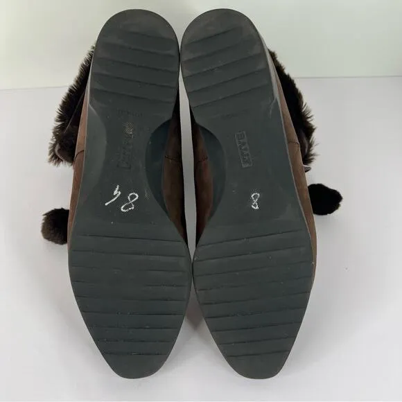 Bally brown suede leather fold over shearling lace up pom ankle boots size 7.5