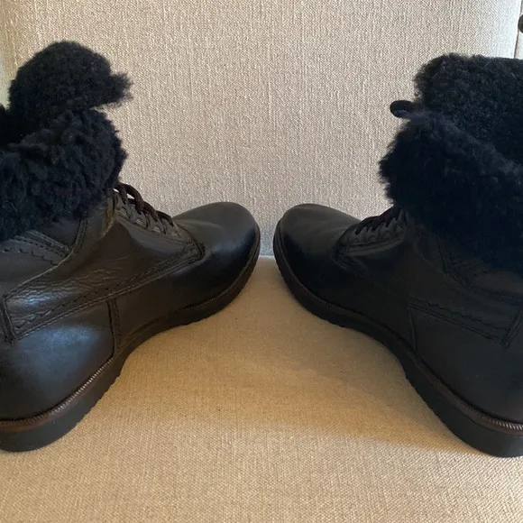 Bally Switzerland Fold-over Leather Shearling Lace Up Ankle Boots Black Size 6