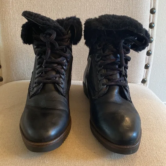 Bally Switzerland Fold-over Leather Shearling Lace Up Ankle Boots Black Size 6