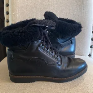 Bally Switzerland Fold-over Leather Shearling Lace Up Ankle Boots Black Size 6
