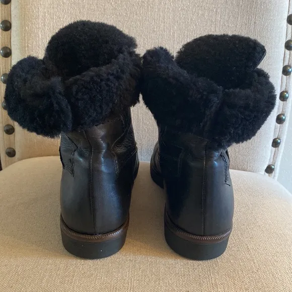 Bally Switzerland Fold-over Leather Shearling Lace Up Ankle Boots Black Size 6