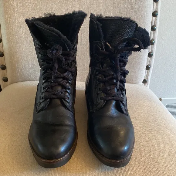 Bally Switzerland Fold-over Leather Shearling Lace Up Ankle Boots Black Size 6