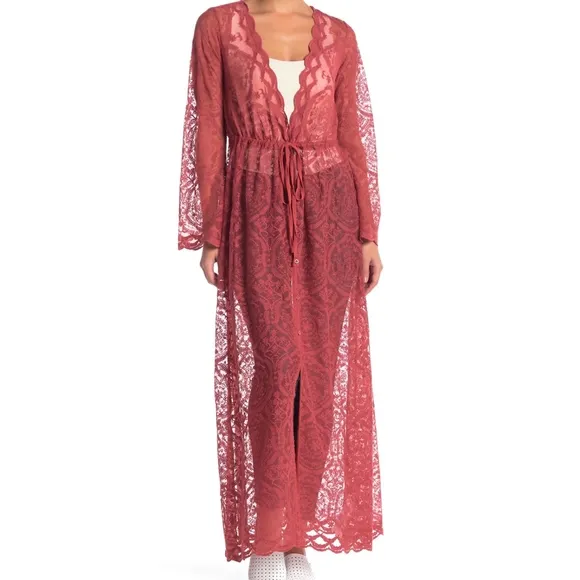 Band Of Gypsies Ainsley Maxi Duster Sheer Lace Tie Front Dusty Rose Small NWT