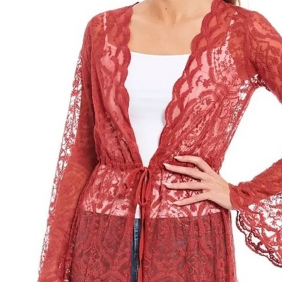 Band Of Gypsies Ainsley Maxi Duster Sheer Lace Tie Front Dusty Rose Small NWT