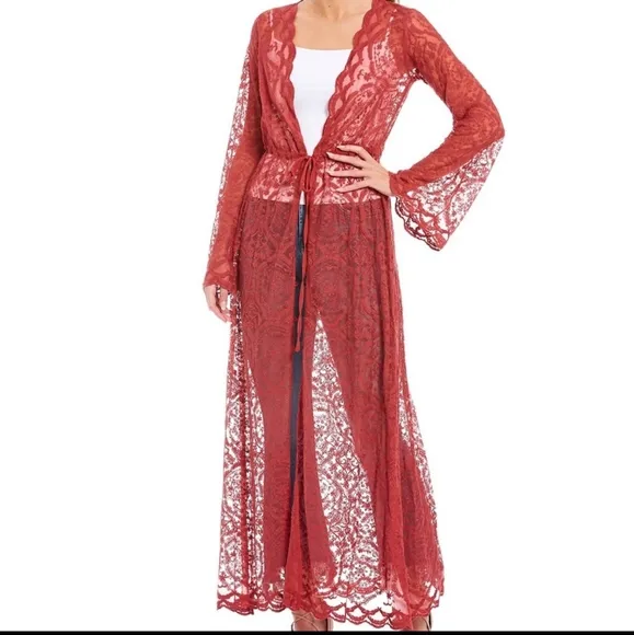 Band Of Gypsies Ainsley Maxi Duster Sheer Lace Tie Front Dusty Rose Small NWT