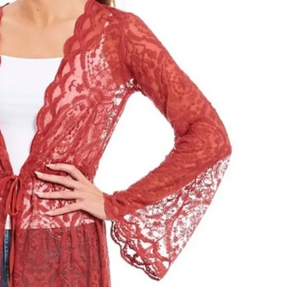 Band Of Gypsies Ainsley Maxi Duster Sheer Lace Tie Front Dusty Rose Small NWT