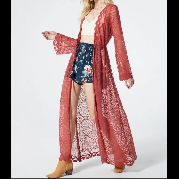 Band Of Gypsies Ainsley Maxi Duster Sheer Lace Tie Front Dusty Rose Small NWT