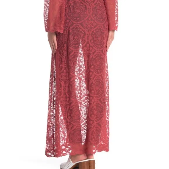 Band Of Gypsies Ainsley Maxi Duster Sheer Lace Tie Front Dusty Rose Small NWT