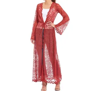 Band Of Gypsies Ainsley Maxi Duster Sheer Lace Tie Front Dusty Rose Small NWT