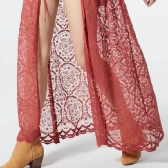 Band Of Gypsies Ainsley Maxi Duster Sheer Lace Tie Front Dusty Rose Small NWT