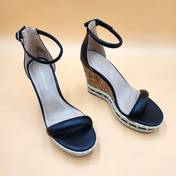 BCBGeneration Women Black Narida Ankle Strap Wedge Platform Sandals Size US 7