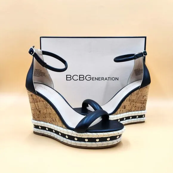 BCBGeneration Women Black Narida Ankle Strap Wedge Platform Sandals Size US 7