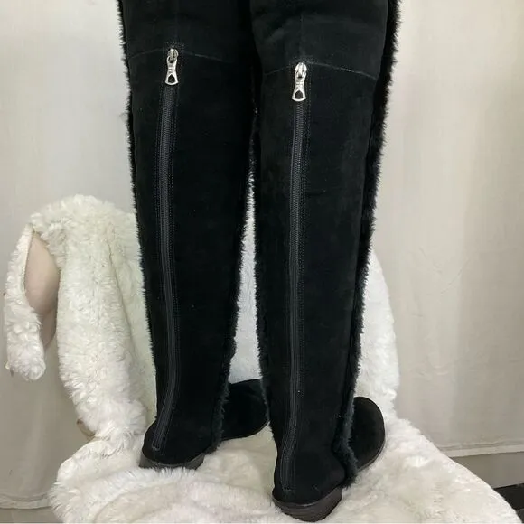 BCBGmaxazria Dorit’s Black Over Knee Suede Leather Sherpa Fold Over Boots 8