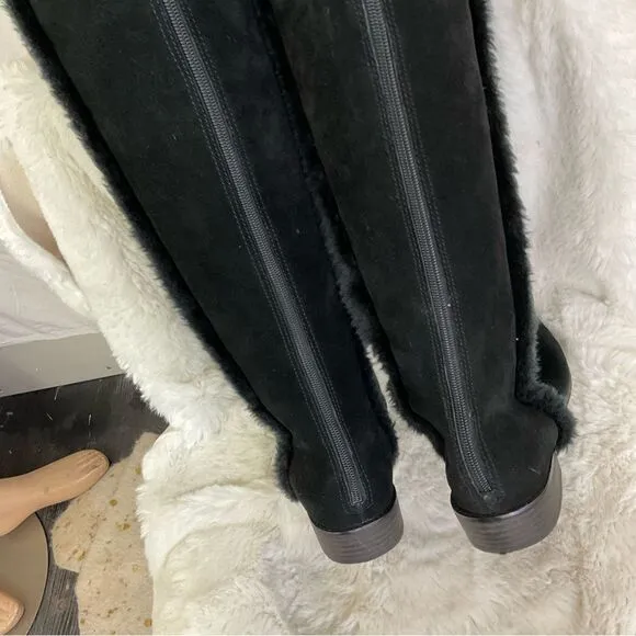 BCBGmaxazria Dorit’s Black Over Knee Suede Leather Sherpa Fold Over Boots 8