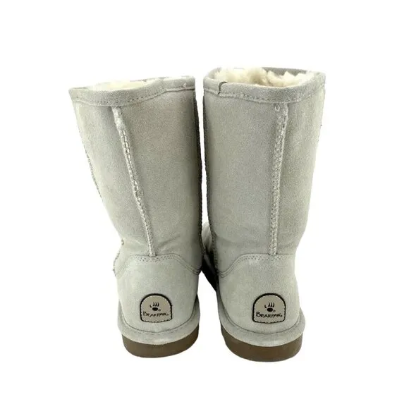 Bearpaw Elle Light Grey Suede Leather Fur Lining Mid Calf Boots SZ 12 New