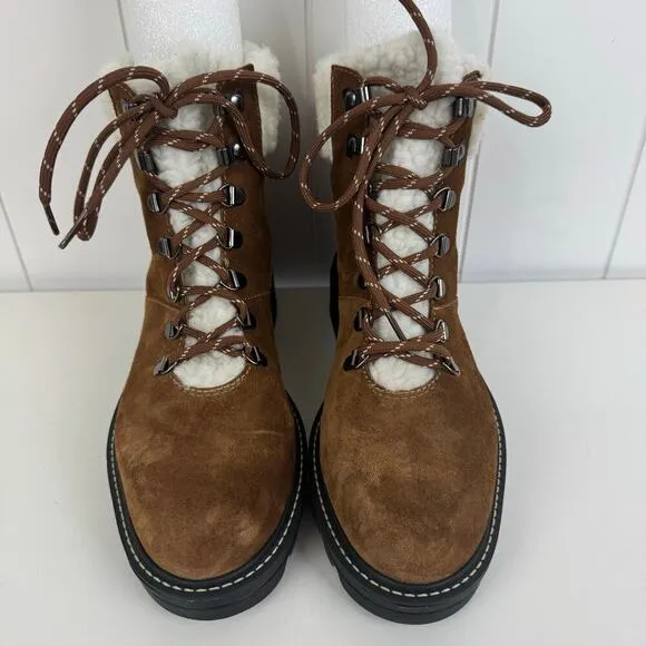 BERNARDO DASH LEATHER SHEARLING LACE UP BOOTS IN TOBACCO SPLIT SUEDE NWOB 8M