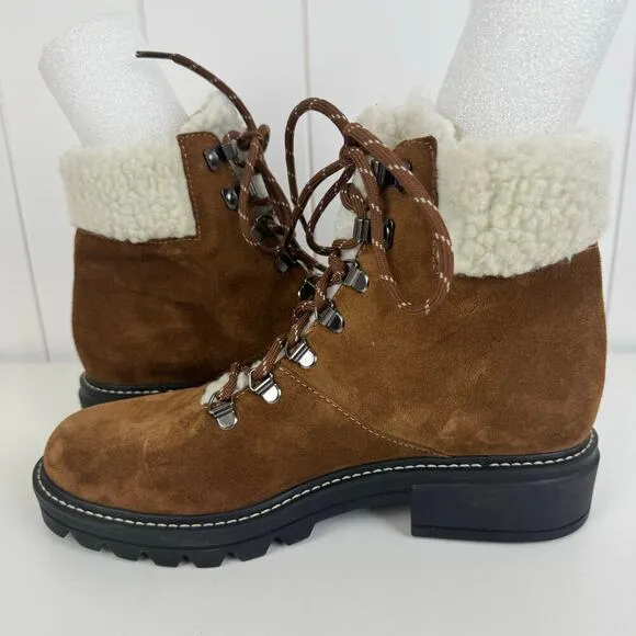 BERNARDO DASH LEATHER SHEARLING LACE UP BOOTS IN TOBACCO SPLIT SUEDE NWOB 8M