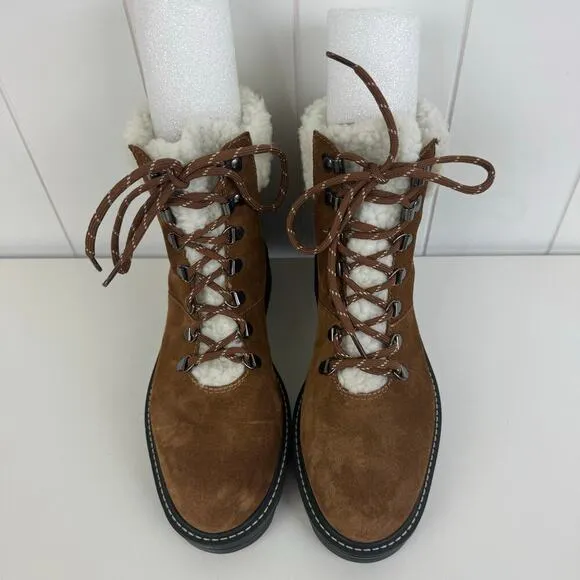 BERNARDO DASH LEATHER SHEARLING LACE UP BOOTS IN TOBACCO SPLIT SUEDE NWOB 8M