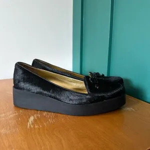 Bernardo Women’s Antwerp Black Pony Hair Platform Loafers with Bow
