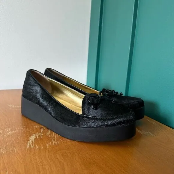 Bernardo Women’s Antwerp Black Pony Hair Platform Loafers with Bow