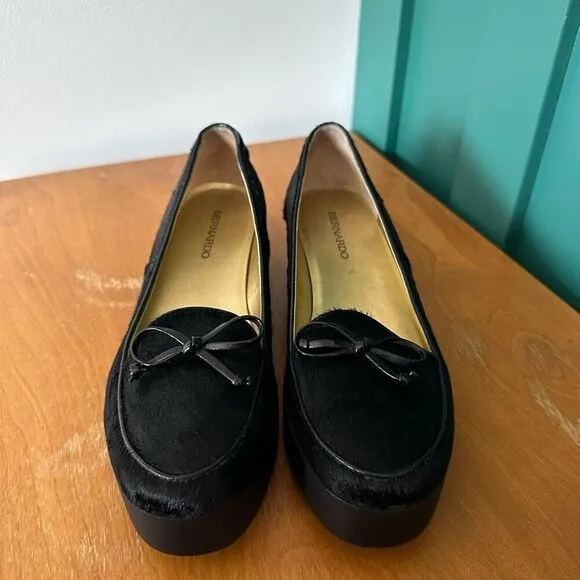 Bernardo Women’s Antwerp Black Pony Hair Platform Loafers with Bow