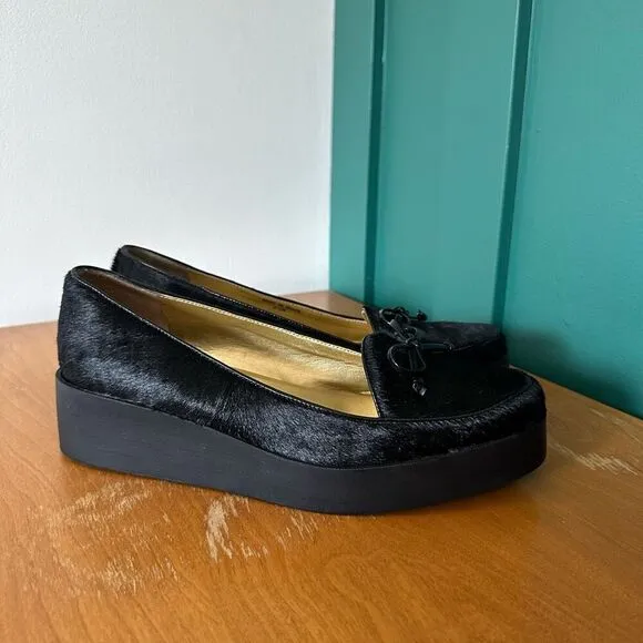 Bernardo Women’s Antwerp Black Pony Hair Platform Loafers with Bow