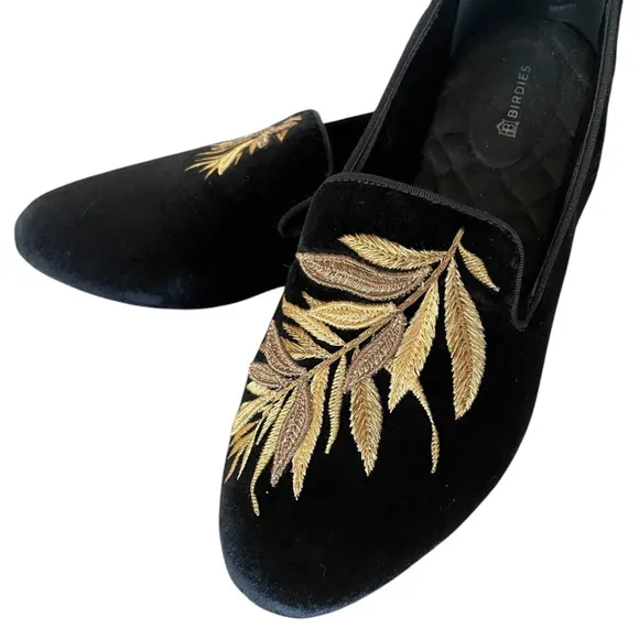 BIRDIES x MINTED Starling Size 9.5 Black Gold Falling Fern Slip-On Loafers Flats