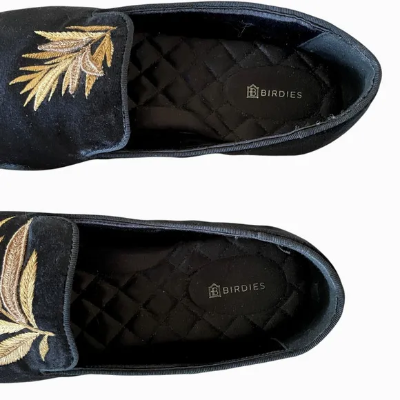 BIRDIES x MINTED Starling Size 9.5 Black Gold Falling Fern Slip-On Loafers Flats