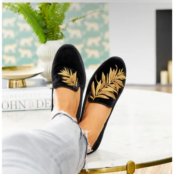 BIRDIES x MINTED Starling Size 9.5 Black Gold Falling Fern Slip-On Loafers Flats