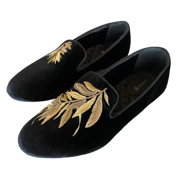 BIRDIES x MINTED Starling Size 9.5 Black Gold Falling Fern Slip-On Loafers Flats