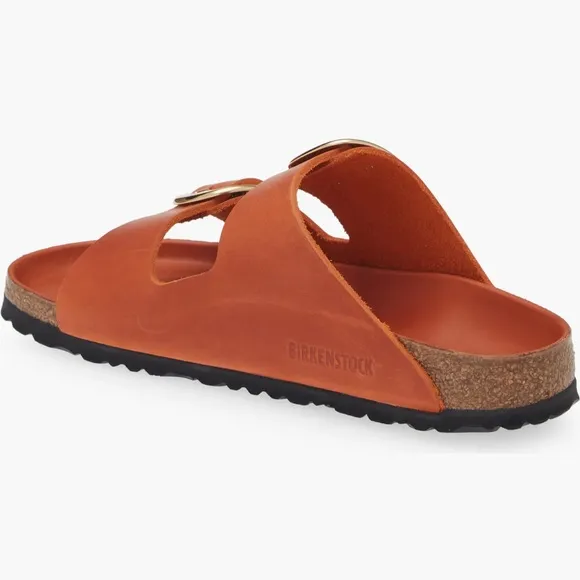 BIRKENSTOCK Arizona Big Buckle Leather Slide Sandals in Burnt Orange,Size 38,NIB