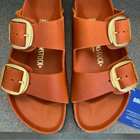 BIRKENSTOCK Arizona Big Buckle Leather Slide Sandals in Burnt Orange,Size 38,NIB