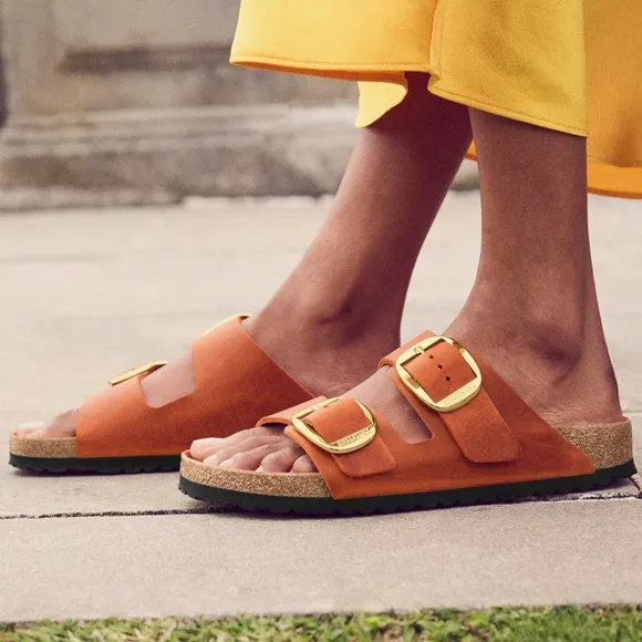 BIRKENSTOCK Arizona Big Buckle Leather Slide Sandals in Burnt Orange,Size 38,NIB