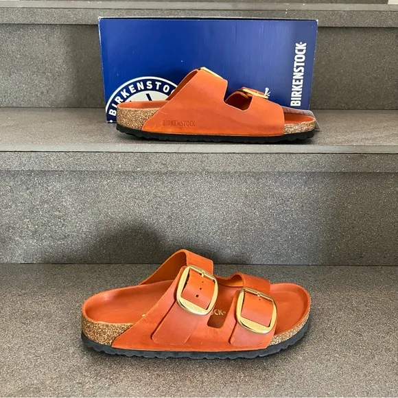 BIRKENSTOCK Arizona Big Buckle Leather Slide Sandals in Burnt Orange,Size 38,NIB
