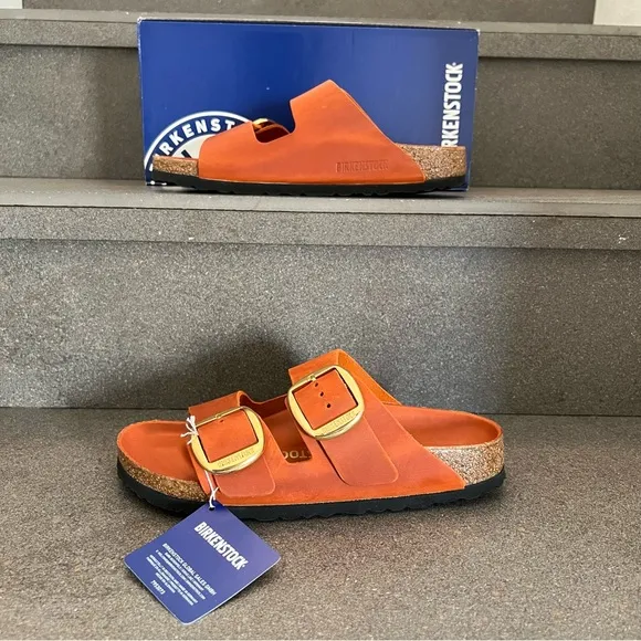 BIRKENSTOCK Arizona Big Buckle Leather Slide Sandals in Burnt Orange,Size 38,NIB
