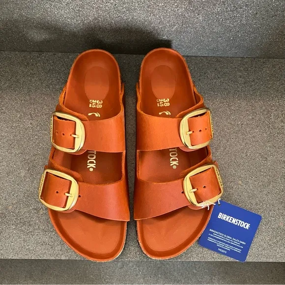 BIRKENSTOCK Arizona Big Buckle Leather Slide Sandals in Burnt Orange,Size 38,NIB