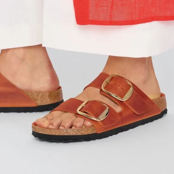 BIRKENSTOCK Arizona Big Buckle Leather Slide Sandals in Burnt Orange,Size 38,NIB