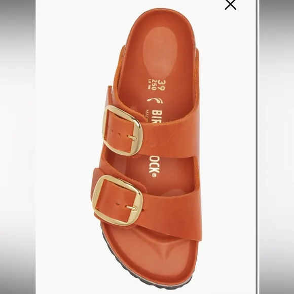 BIRKENSTOCK Arizona Big Buckle Leather Slide Sandals in Burnt Orange,Size 38,NIB