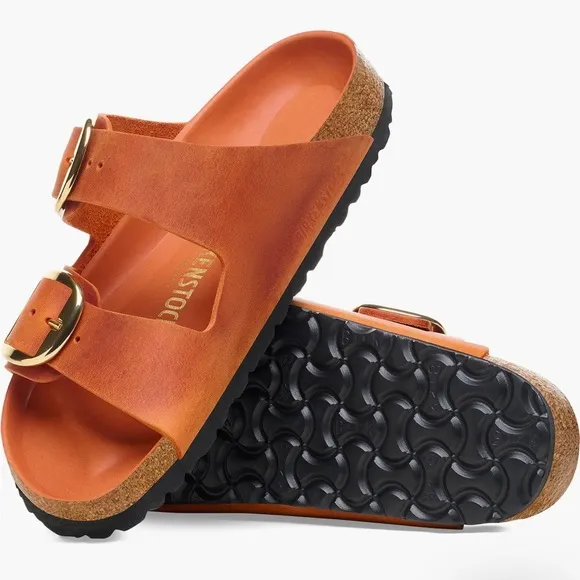 BIRKENSTOCK Arizona Big Buckle Leather Slide Sandals in Burnt Orange,Size 38,NIB