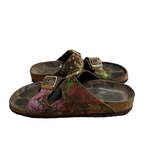 BIRKENSTOCK ARIZONA Flower Crush Mocca Leather Sandals Slide US5 EU36 UK3 Womens