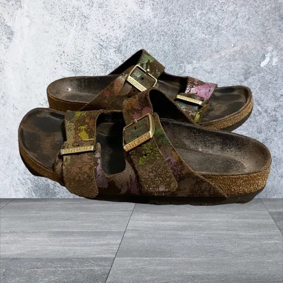 BIRKENSTOCK ARIZONA Flower Crush Mocca Leather Sandals Slide US5 EU36 UK3 Womens