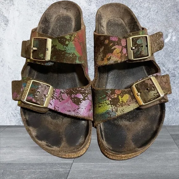 BIRKENSTOCK ARIZONA Flower Crush Mocca Leather Sandals Slide US5 EU36 UK3 Womens