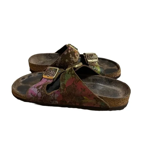 BIRKENSTOCK ARIZONA Flower Crush Mocca Leather Sandals Slide US5 EU36 UK3 Womens