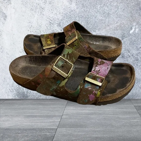 BIRKENSTOCK ARIZONA Flower Crush Mocca Leather Sandals Slide US5 EU36 UK3 Womens