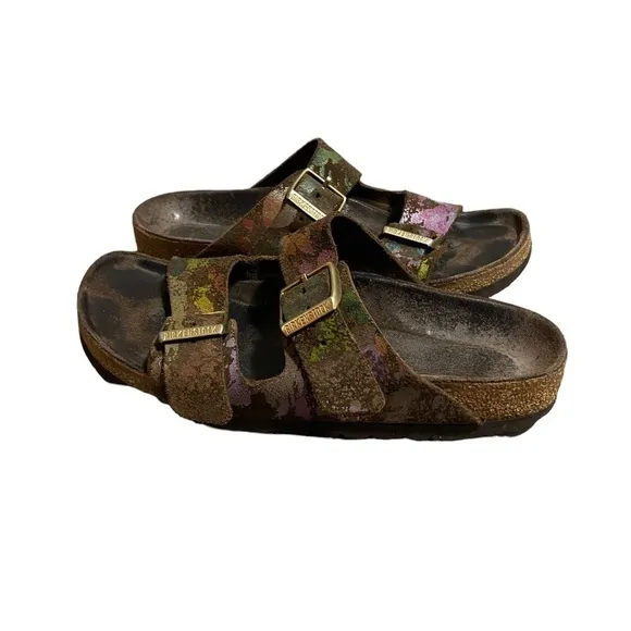 BIRKENSTOCK ARIZONA Flower Crush Mocca Leather Sandals Slide US5 EU36 UK3 Womens