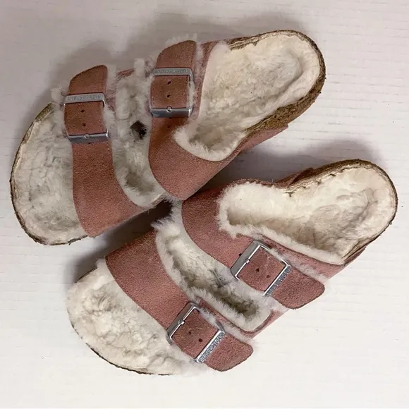 Birkenstock Arizona Suede Leather &amp; Shearling Sandals in Pink Clay